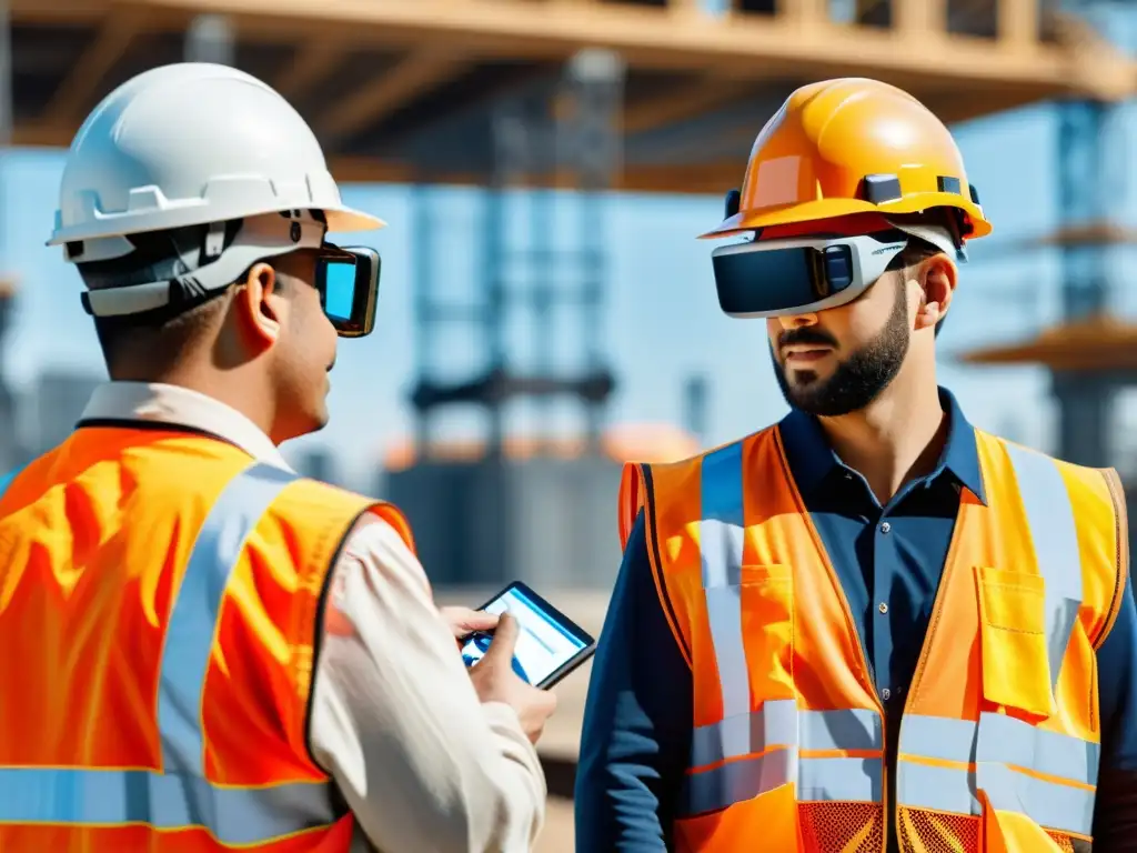 Trabajadores usando Realidad Aumentada en construcción de puentes, fusionando planos digitales con estructuras reales