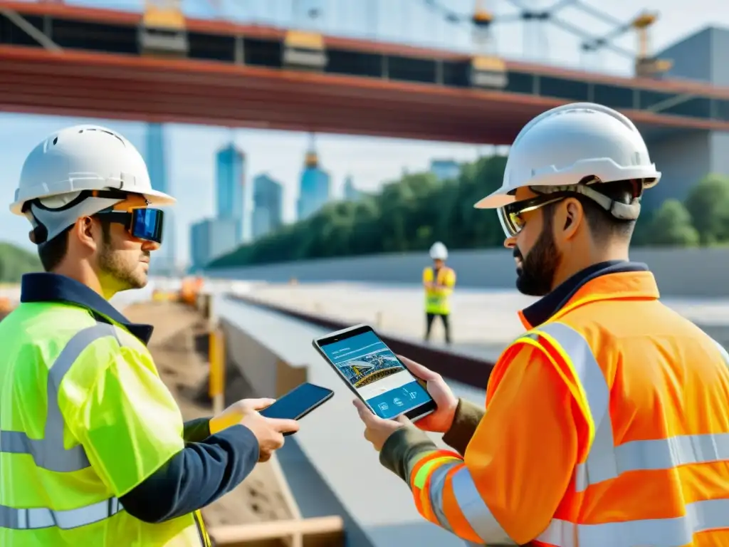 Trabajadores en un sitio de construcción de puentes usando Realidad Aumentada para mejorar el proceso de construcción