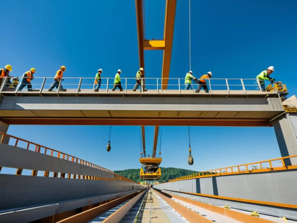 Trabajadores utilizando técnica de pretensado en construcción de puentes, rodeados de maquinaria pesada y grandes vigas de concreto