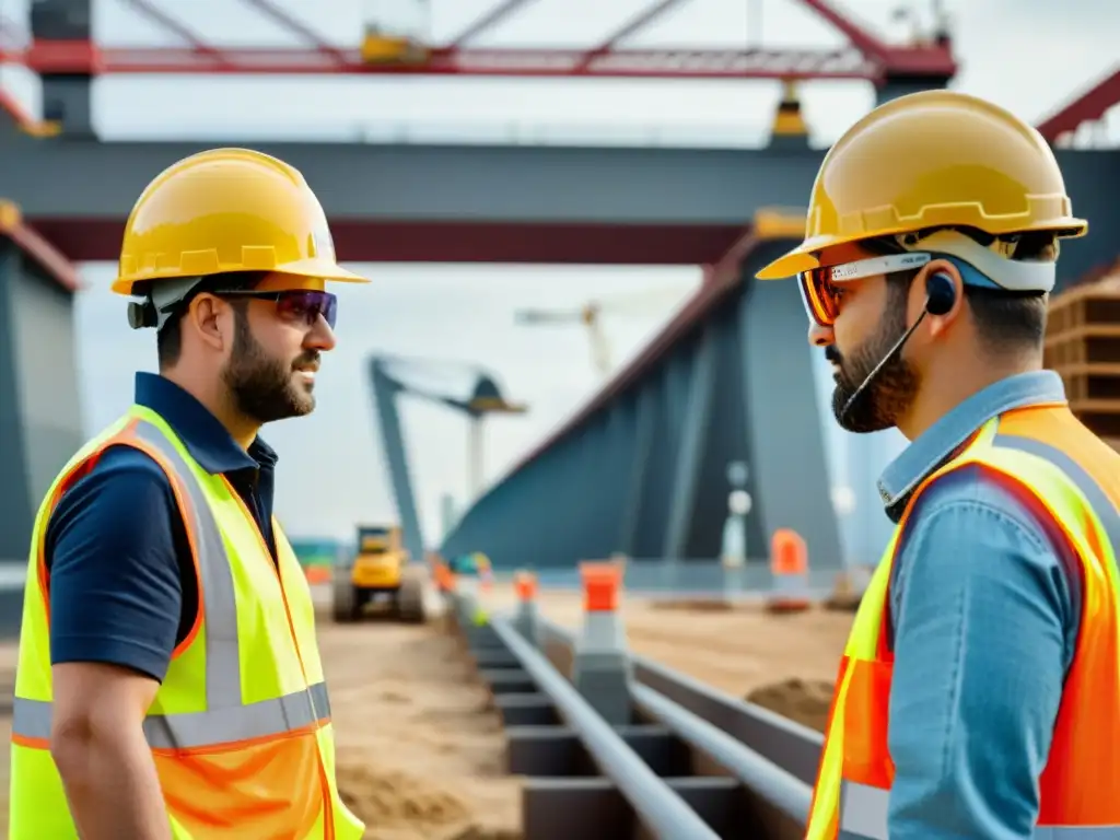 Trabajadores usando tecnología de Realidad Aumentada en construcción de puentes, destacando la fusión de lo digital con lo real