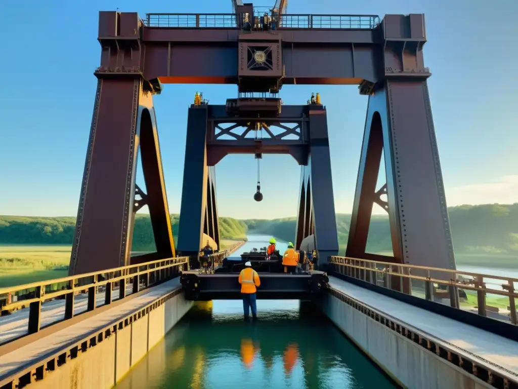 Trabajo en equipo operando mecanismo de puente levadizo, detalle en 8k de engranajes, poleas y sistemas hidráulicos