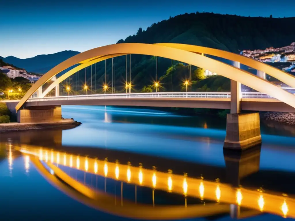 Fotografía de larga exposición capturando la tranquilidad de un puente iluminado de noche con el suave flujo del agua debajo