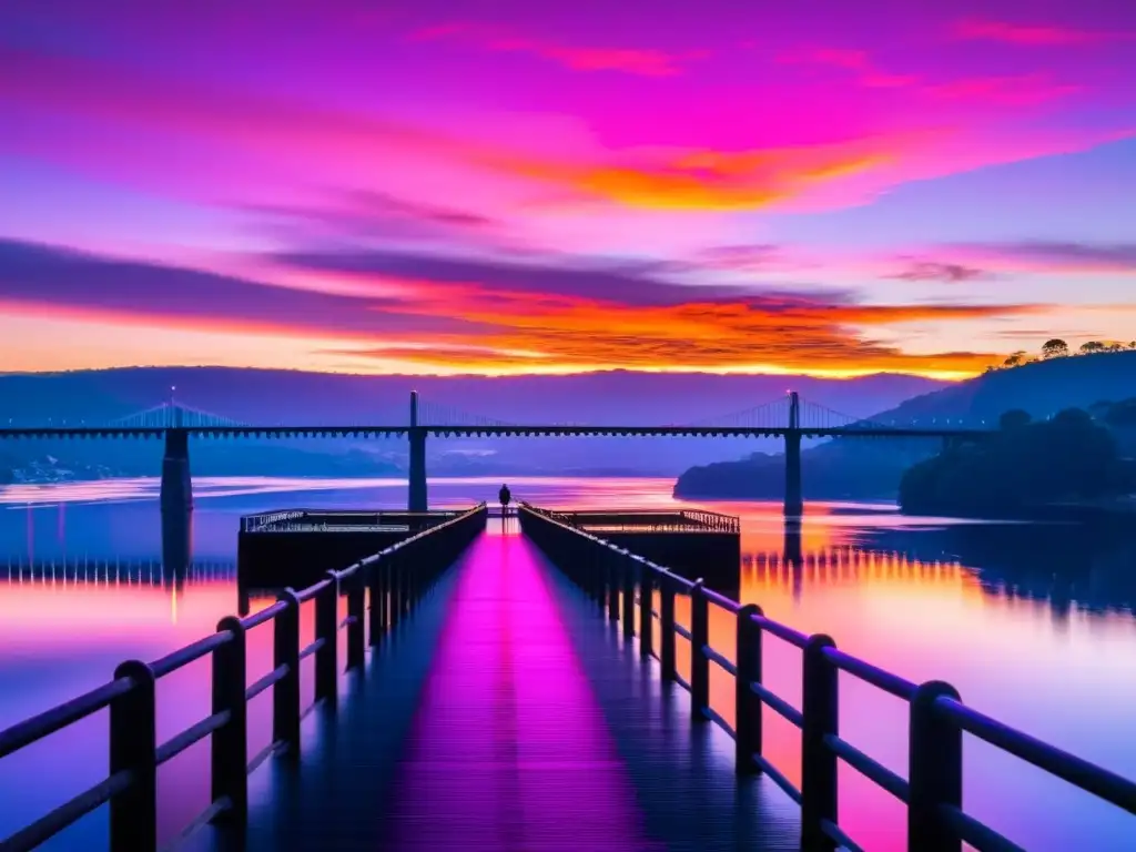 Una travesía a pie por el Puente Tamar al atardecer, reflejos del cielo en el agua crean una atmósfera de serenidad y aventura