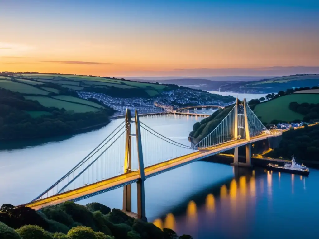 Travesía a pie Puente Tamar: Atardecer dorado sobre el majestuoso puente y las tranquilas aguas de Plymouth Sound, uniendo tradición y progreso