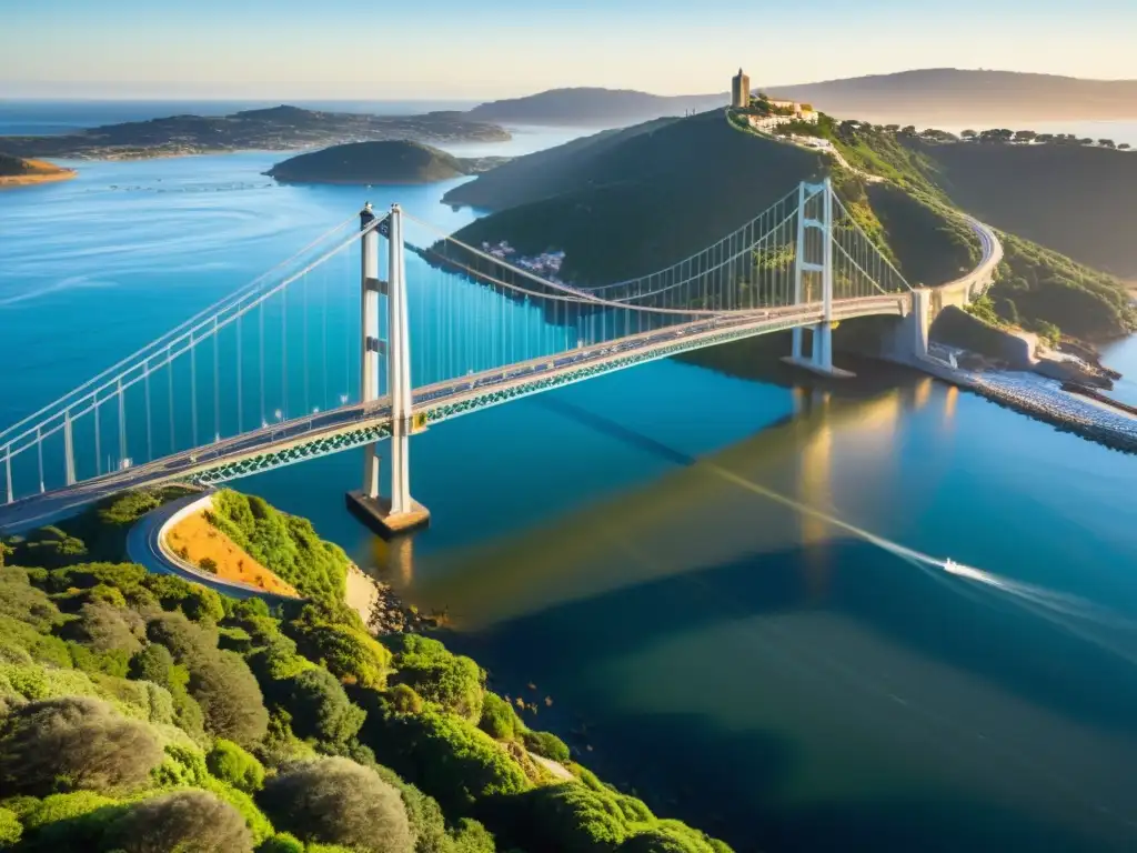 Travesía a pie Puente Tamar: Foto detallada del majestuoso puente sobre aguas brillantes, reflejando luz y sombra, con paisaje vibrante de fondo