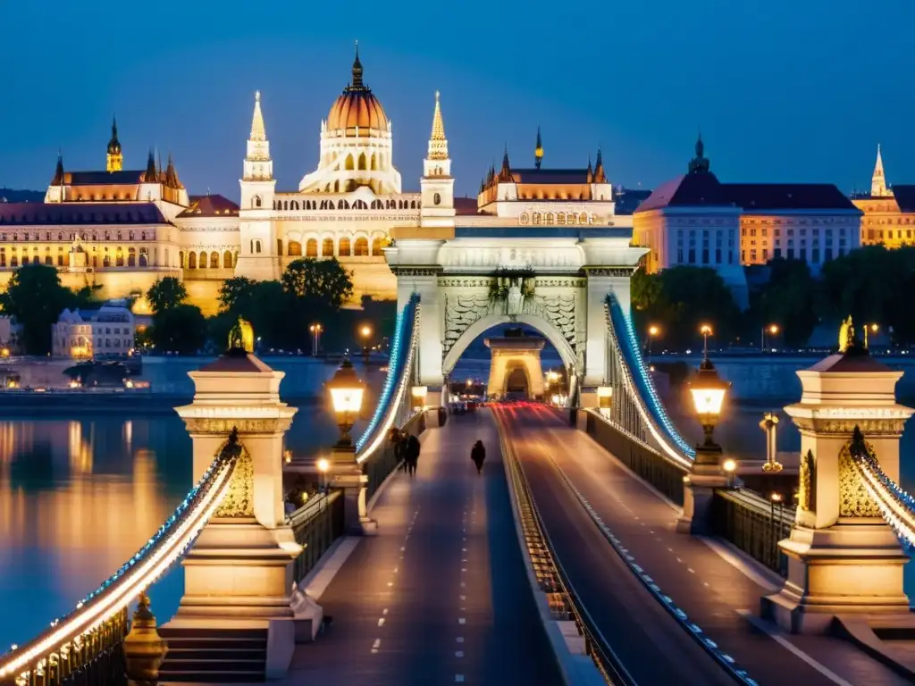 Guía turística puente cadenas Budapest: Majestuoso puente iluminado sobre el Danubio con el Castillo de Buda al fondo