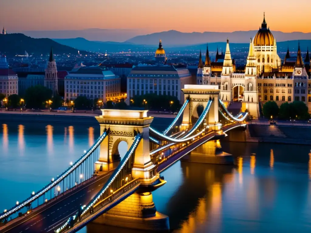 Guía turística del icónico Puente de las Cadenas en Budapest, con detalles arquitectónicos, leones majestuosos y una vista nocturna impresionante