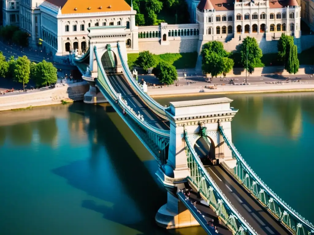 Guía turística puente cadenas Budapest: Detalle majestuoso del Puente de las Cadenas en Budapest, con el río Danubio y la ciudad en el fondo