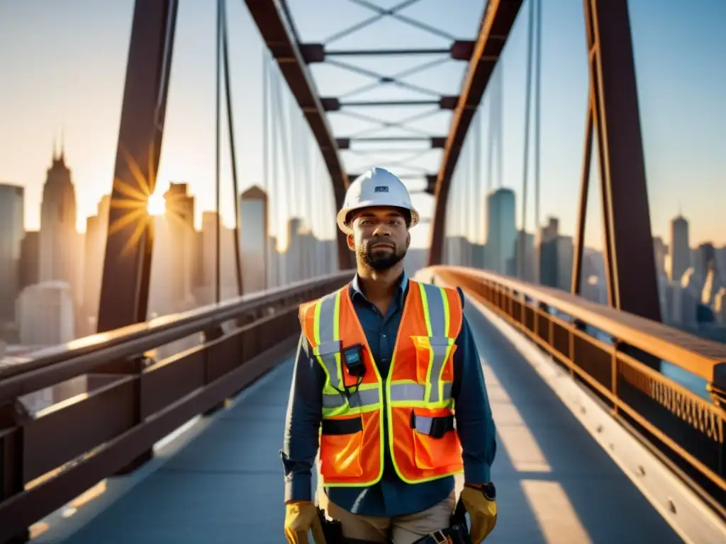 Un valiente fotógrafo con equipos de protección personal para fotografiar, explorando con cuidado una imponente estructura de puente, mientras la ciudad se extiende al fondo bajo una cálida luz solar