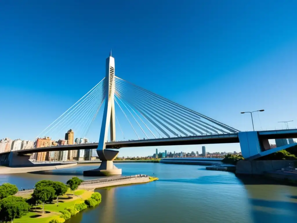 Diseño vanguardista Puente de la Mujer en Argentina, reflejando su moderna estructura de acero bajo la luz del sol y el paisaje urbano circundante