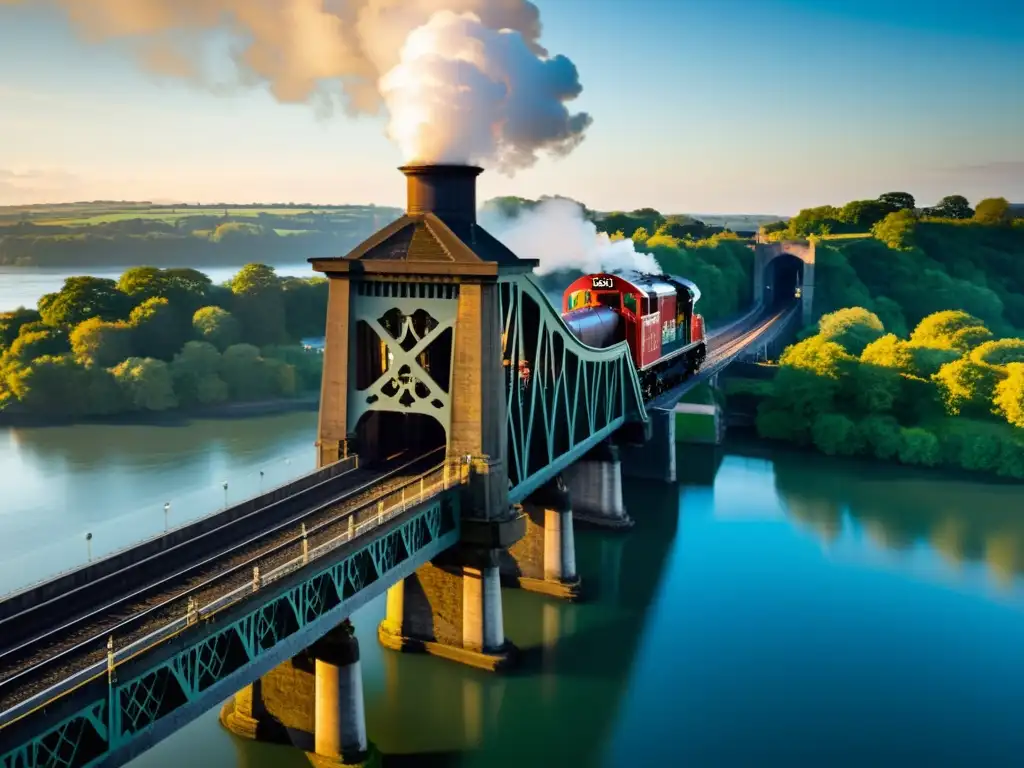 Vapor en puente histórico de la era del vapor sobre el estrecho, con locomotora