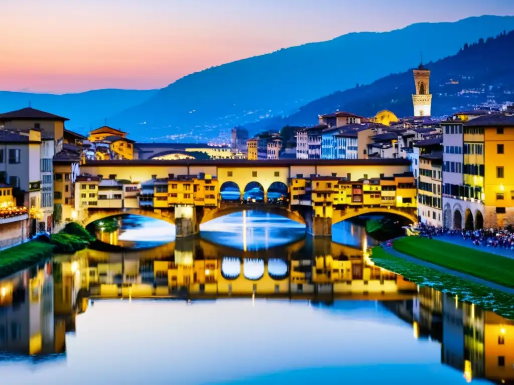 La icónica Ponte Vecchio en Florencia, Italia, con sus arcos de piedra, tiendas históricas y visitantes