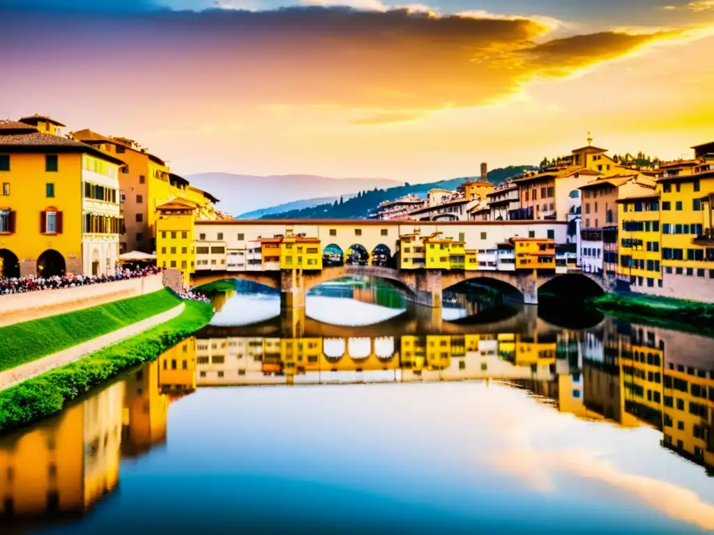 Ponte Vecchio en Florencia: atardecer vibrante, edificios coloridos, río Arno y reflejos dorados en el agua