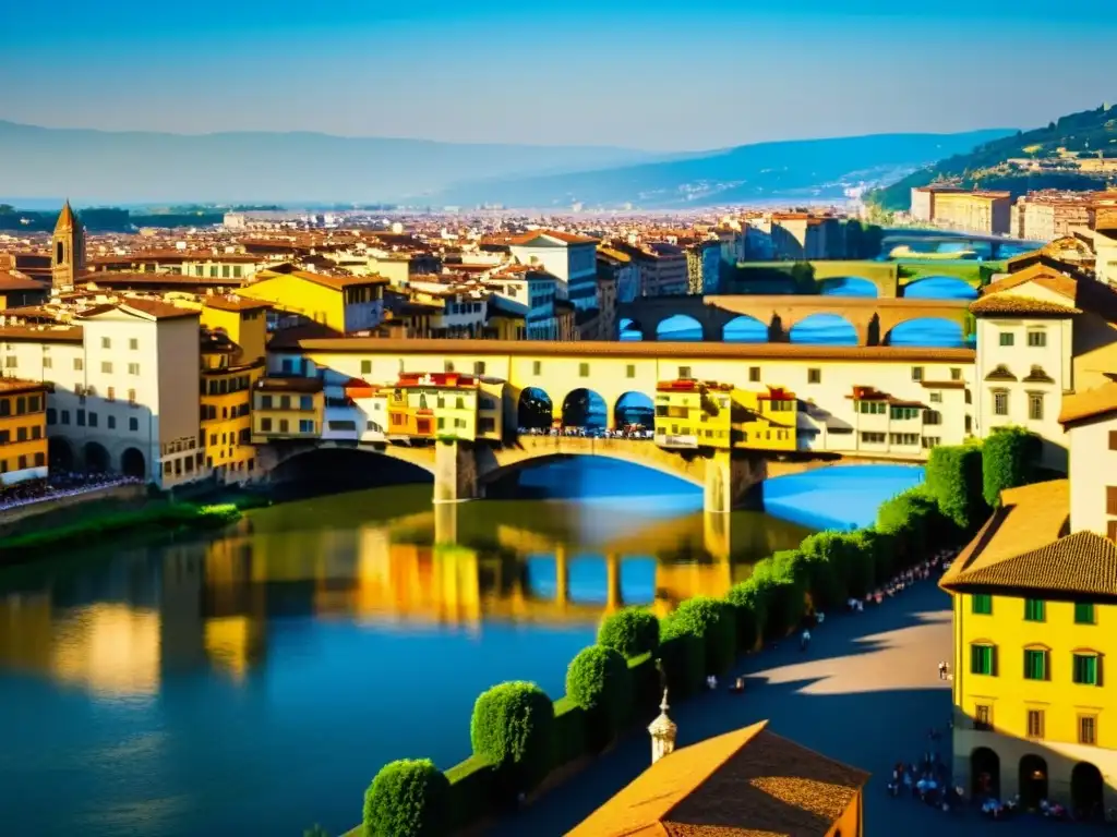 Ponte Vecchio estructura 3D: detallada renderización 3D del icónico puente en Florencia, con sus arcos, río Arno, visitantes y bullicio