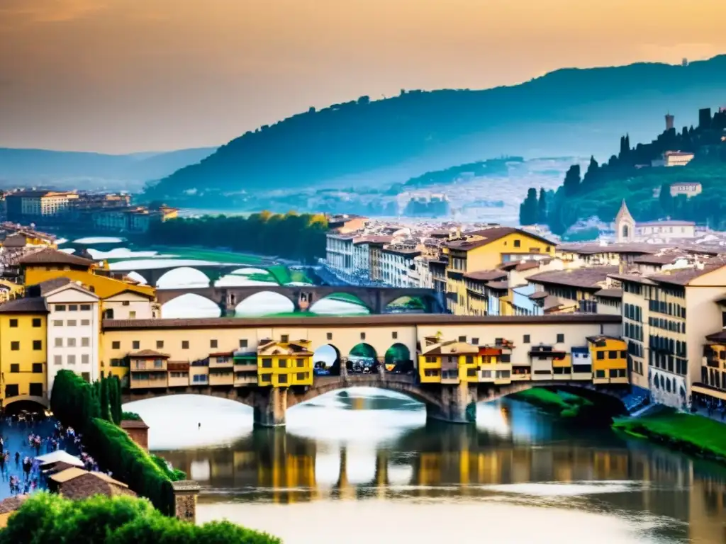 La icónica Ponte Vecchio en Florencia, con sus arcos de piedra y tiendas, el río Arno y la atmósfera histórica y vibrante