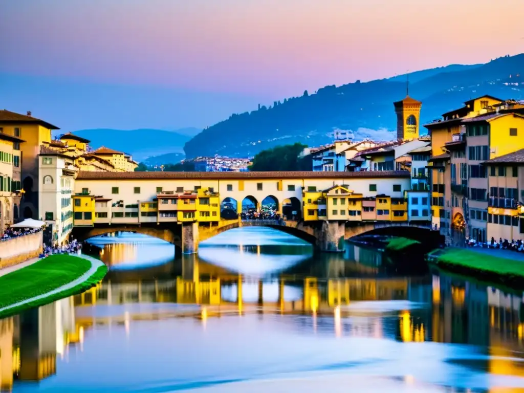 Ponte Vecchio en Florencia al atardecer, reflejando la conexión y la inspiración de puentes icónicos en la literatura