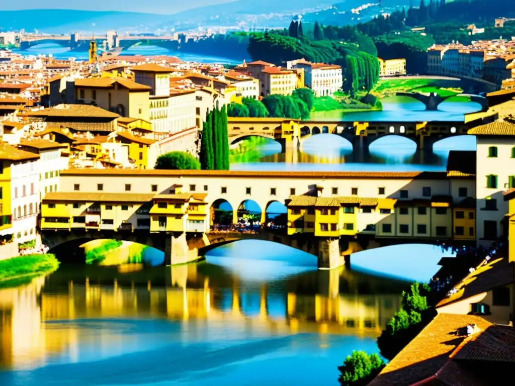 Ponte Vecchio en Florencia: detallada arquitectura y cálida luz reflejada en el río Arno, capturando su esencia histórica y artística