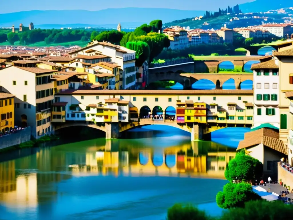 Ponte Vecchio en Florencia, historia y joyerías en edificios medievales, con el río Arno debajo