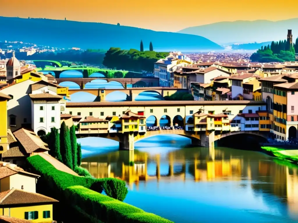 Ponte Vecchio en Florencia durante el Renacimiento, con coloridos edificios y bulliciosa actividad, capturando la esencia del período