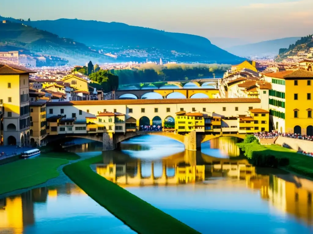 El icónico Ponte Vecchio en Florencia, Italia, con su historia y arte, bañado por la cálida luz dorada del atardecer