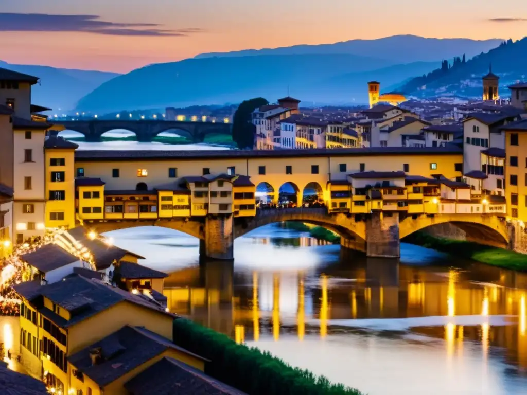 Ponte Vecchio en Florencia, Italia: puente icónico con tiendas y edificios medievales, iluminado por lámparas de calle