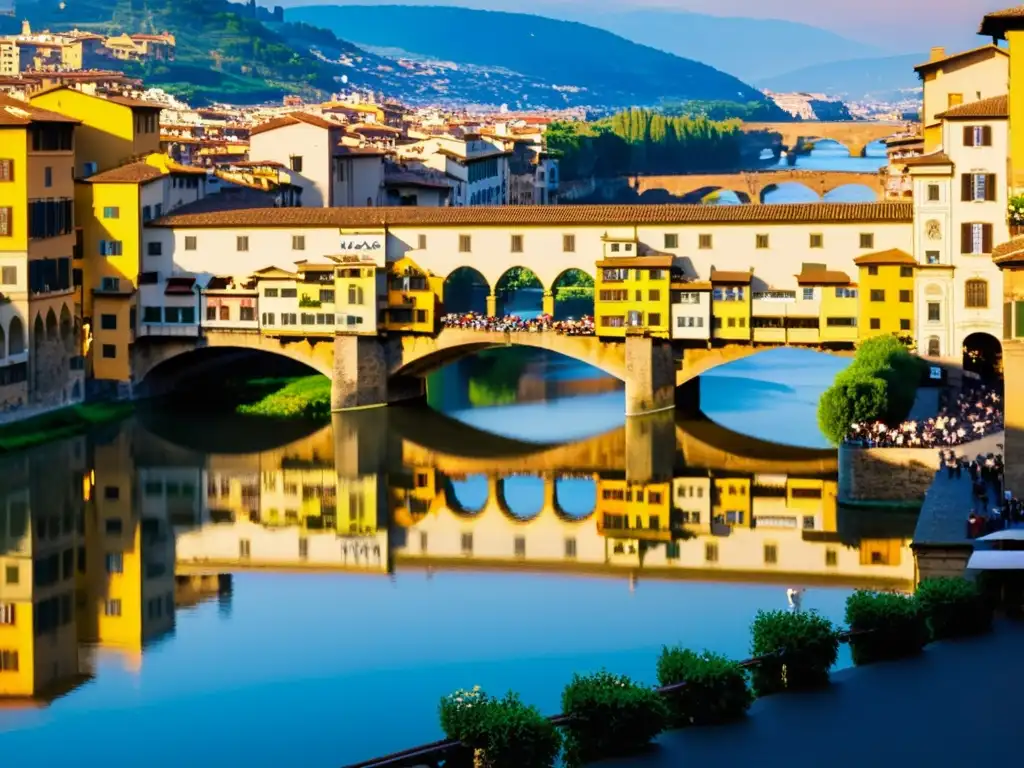 Ponte Vecchio, puente icónico que fusiona historia y modernidad sobre el río Arno al atardecer en Florencia, Italia