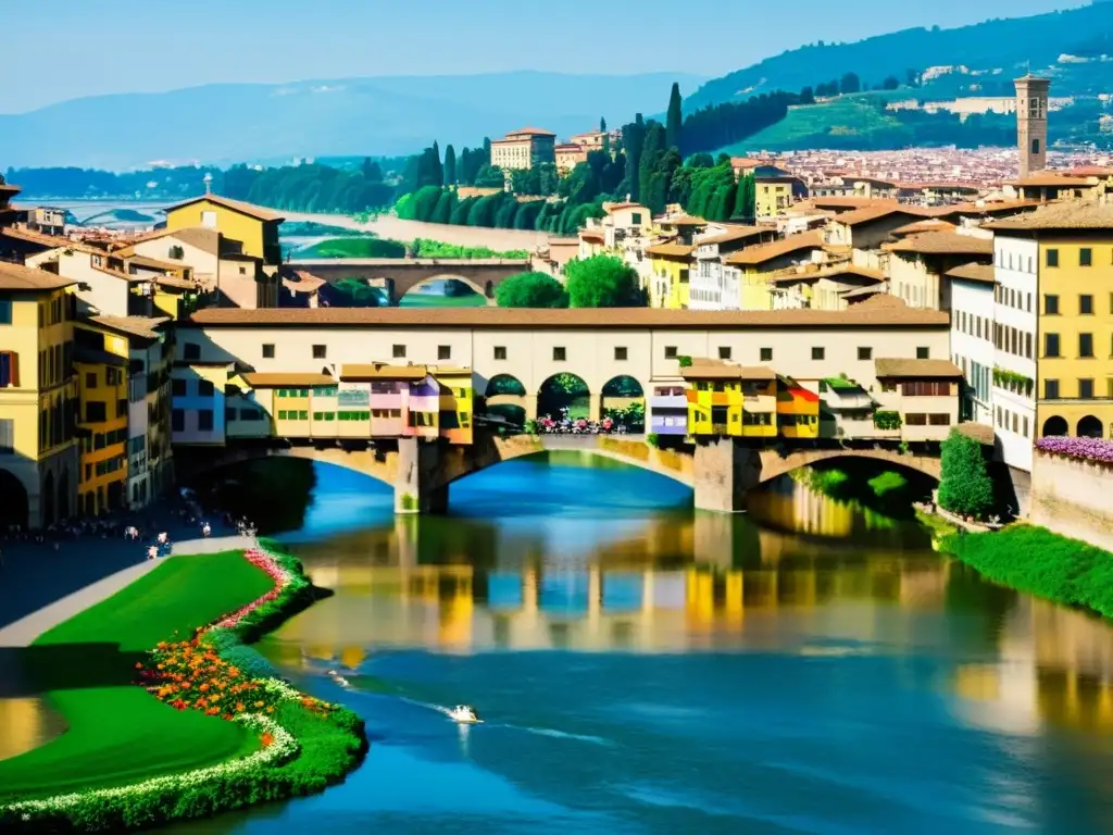 Ponte Vecchio, Florencia: un puente de piedra antiguo con edificios históricos, banderas coloridas y flores