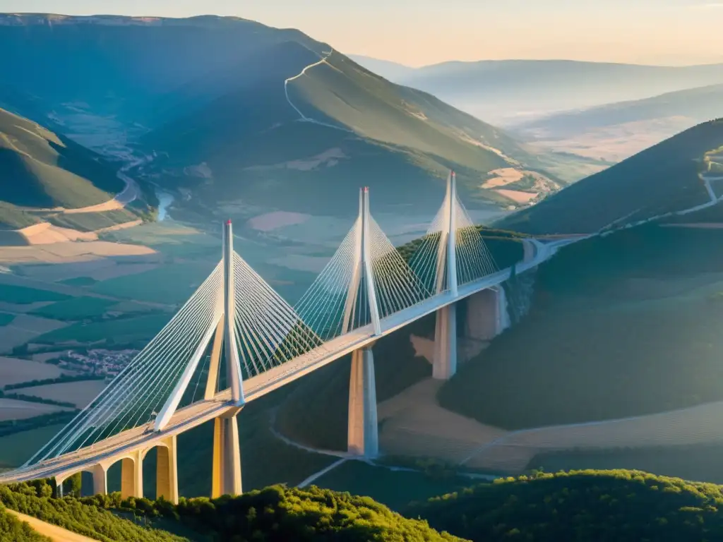 Viaducto de Millau al atardecer, influencia cultural de puentes impresionantes