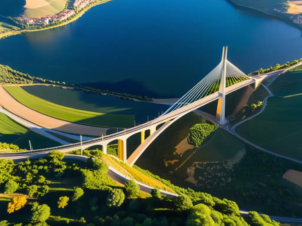 El Viaducto de Millau brilla al atardecer sobre el valle del Tarn, destacando su arquitectura y su historia como un hito de la ingeniería moderna