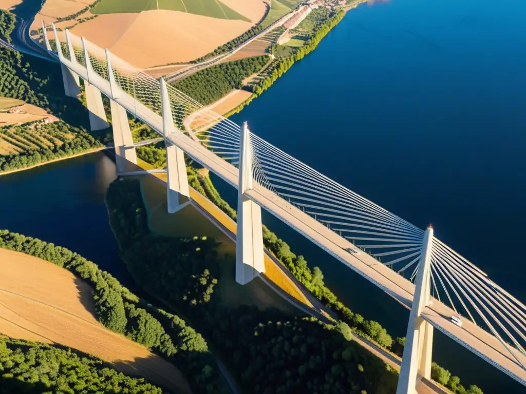 El Viaducto de Millau muestra su estructura impresionante en la suave luz del atardecer, integrándose armoniosamente con el paisaje natural