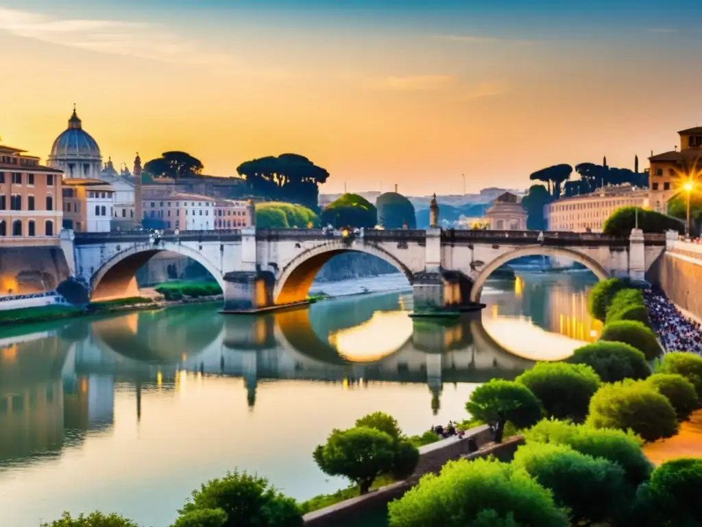 Viaje virtual por puentes históricos: Majestuoso Puente Fabricio sobre el río Tíber al atardecer en Roma