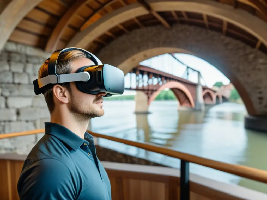 Un viaje virtual por puentes históricos que fusiona tecnología y descubrimiento, con una persona sorprendida usando gafas de realidad virtual