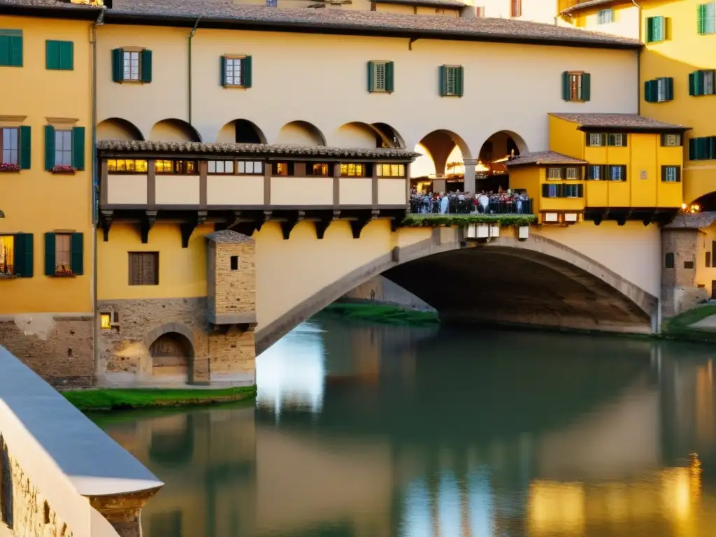 Viaje virtual por puentes históricos: la cálida luz del atardecer ilumina el Ponte Vecchio en Florencia, revelando su encanto atemporal