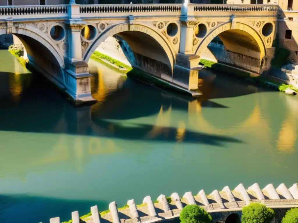 Viaje virtual por puentes históricos: Ponte Fabricio, puente romano sobre el río Tíber en Roma, bañado por cálida luz, historia palpable