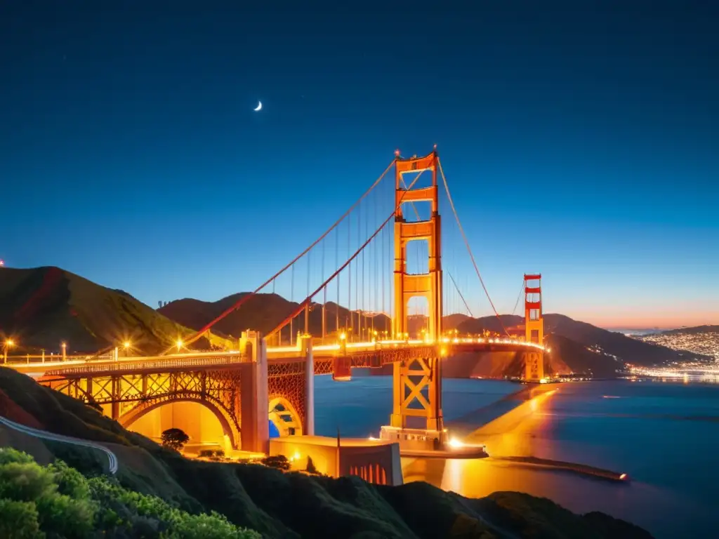 Vibrante iluminación amigable medio ambiente resalta la belleza del puente Golden Gate en la noche sobre la bahía de San Francisco