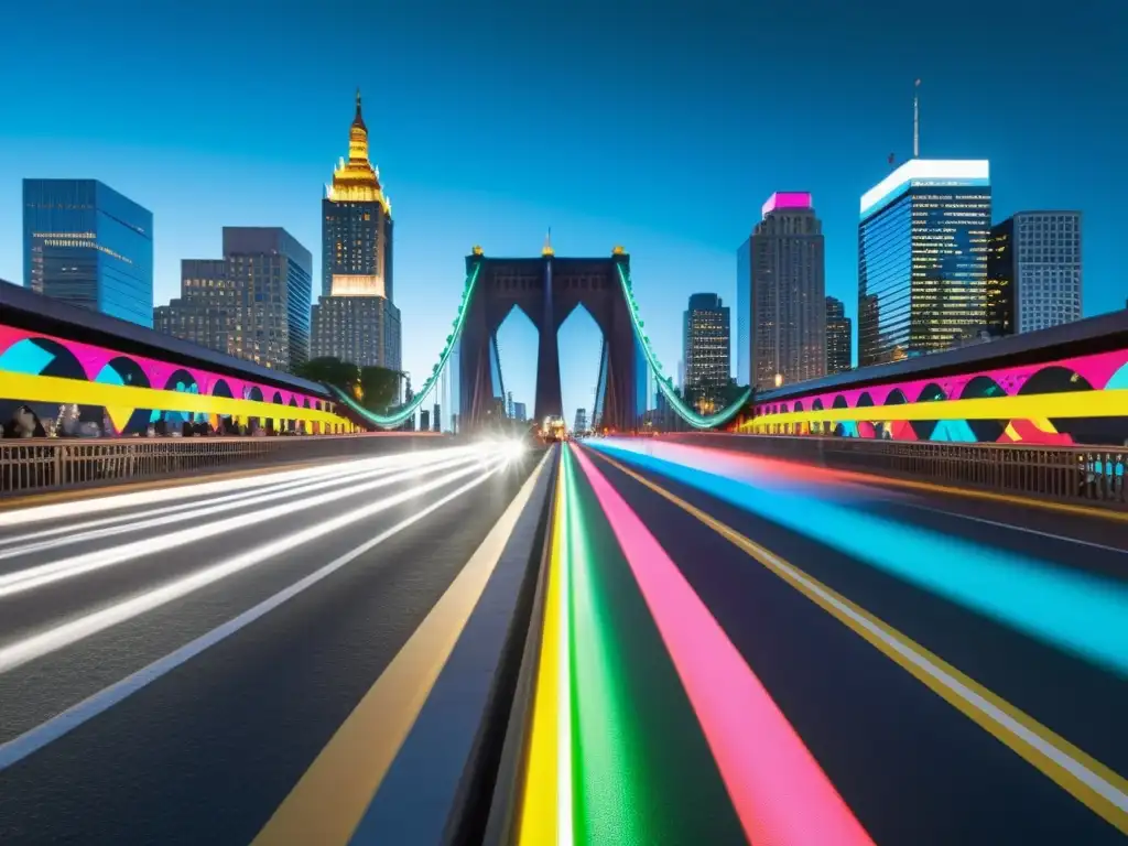 Vibrante arte interactivo en puente icónico de ciudad, fusionando tecnología y urbanismo en experiencia peatonal