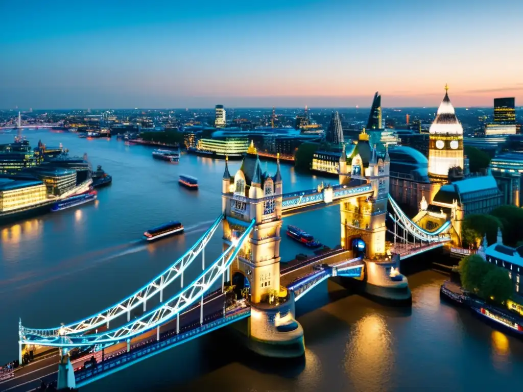 Vibrante atardecer ilumina el icónico Tower Bridge en Londres, destacando su grandiosidad y su integración en la cultura popular de la ciudad