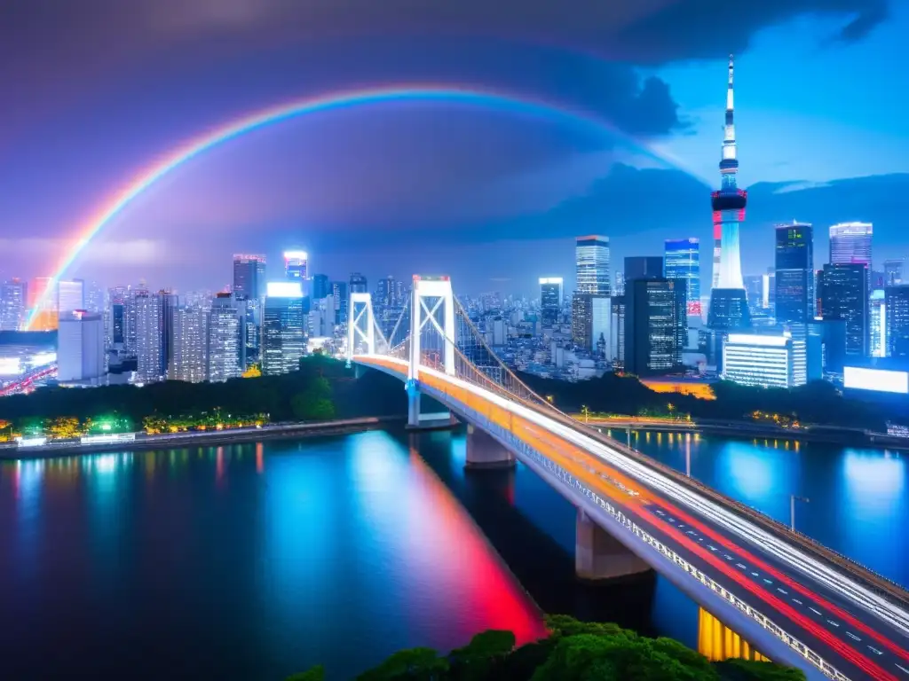 Vibrante atardecer en el icónico Puente Arcoíris de Tokio, Japón, símbolo de la intersección entre tradición y modernidad en Asia