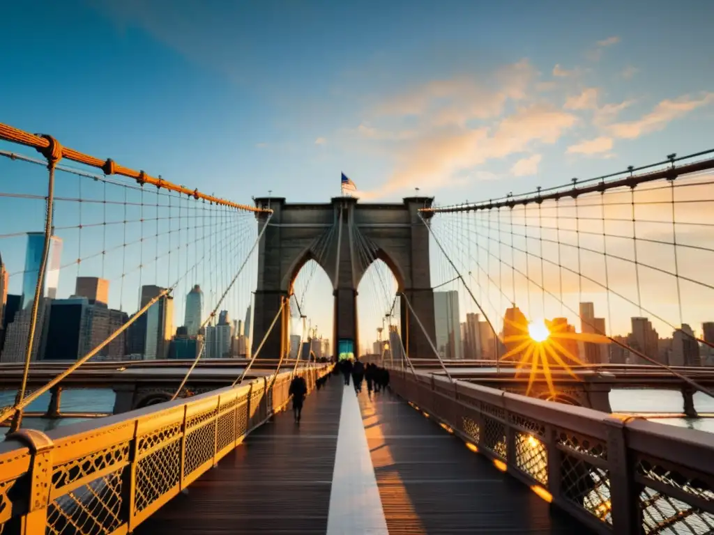 Vibrante atardecer en el icónico Puente de Brooklyn, reflejando su magnífica arquitectura e inspirando arte con juego de luz y sombra