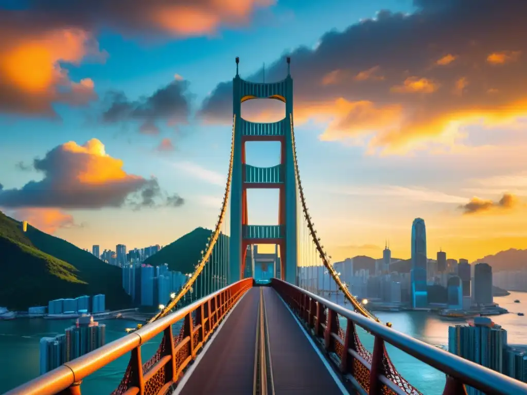 Vibrante atardecer en Hong Kong resaltando el Puente de Tsing Ma con sus intrincados cables de suspensión y torres, una maravilla arquitectónica