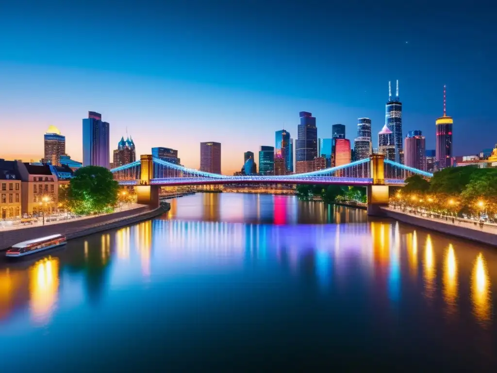 Vibrante ciudad nocturna con un puente iluminado sobre el río, reflejando luces