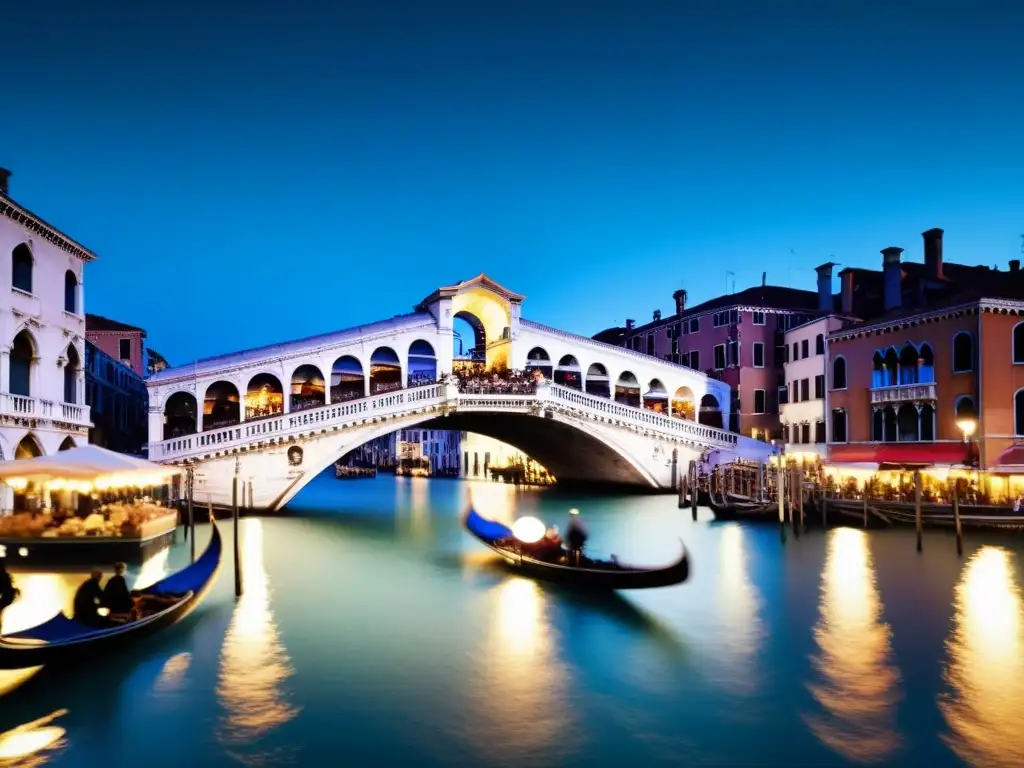 Vibrante concierto en el Puente Rialto de Venecia, con músicos y góndolas en el Gran Canal al anochecer