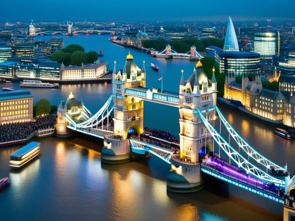 Vibrante celebración cultural en el Puente de la Torre de Londres, con decoraciones festivas, música y baile