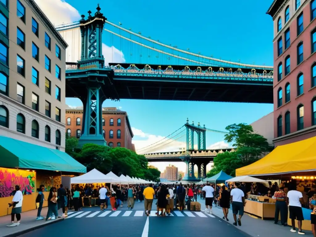 Vibrante escena callejera con el impacto cultural del Puente Manhattan en la comunidad artística