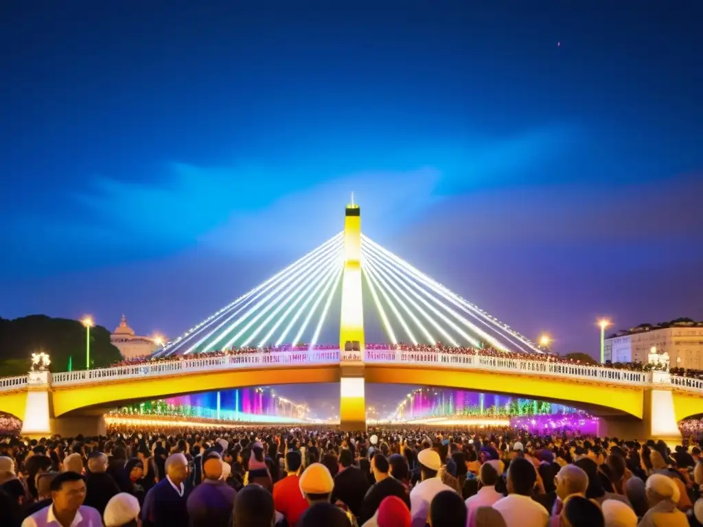 Un vibrante evento cultural en un icónico puente, con luces y diversa participación