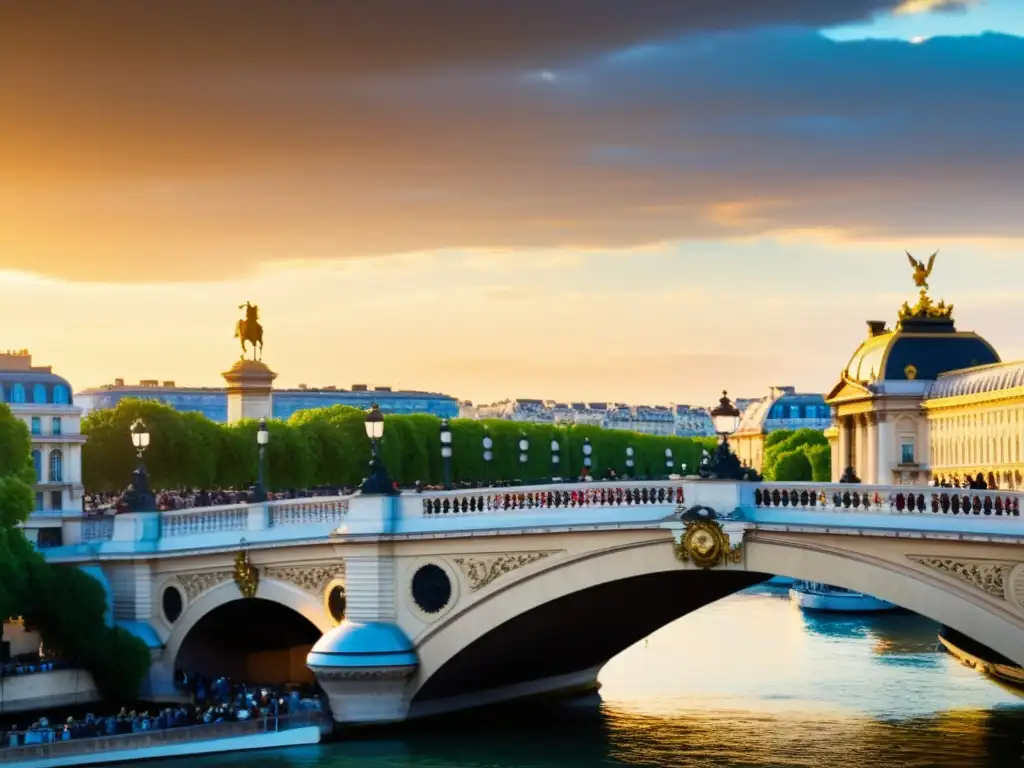 Vibrante feria del libro en el Puente Alexandre III de París, con autores y lectores disfrutando de la literatura al atardecer