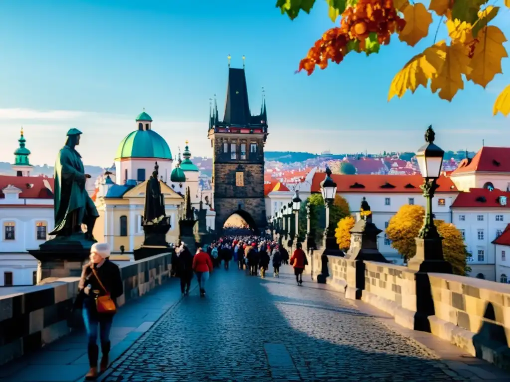 Vibrante Festival de Otoño en el Puente Carlos de Praga, con colores otoñales y una atmósfera festiva