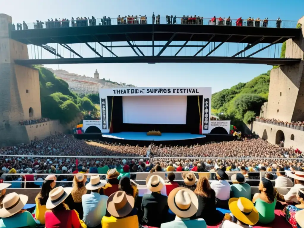 Vibrante festival de teatro en el Puente de los Suspiros, con emocionado público y actuaciones dramáticas en el icónico escenario al aire libre