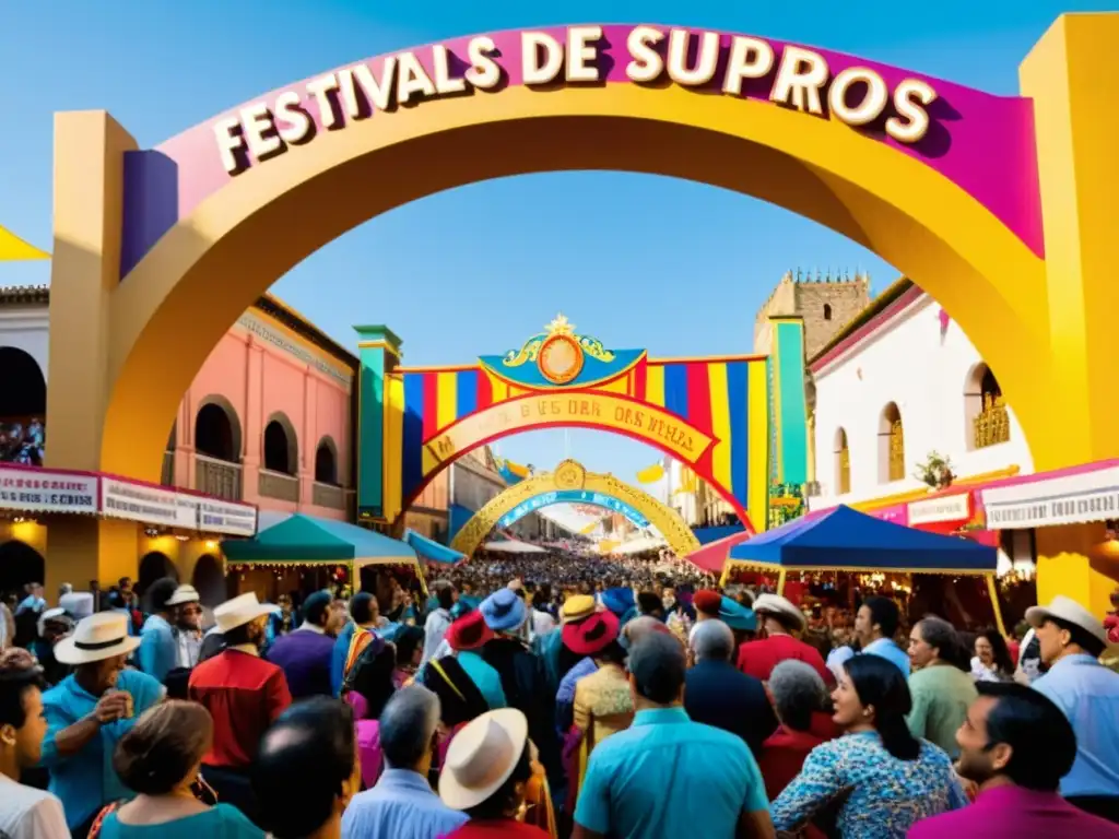 Vibrante imagen de los Festivales de Teatro en el Puente de los Suspiros, con bulliciosa multitud y colorida decoración festiva