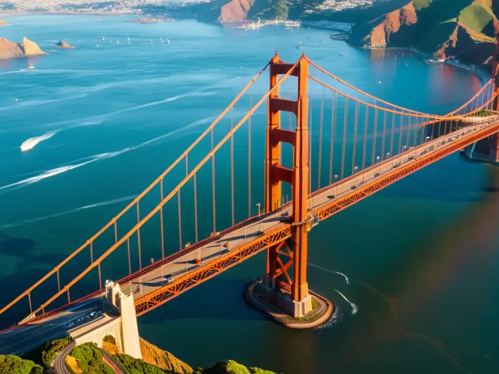 Vibrante imagen del icónico Puente Golden Gate en San Francisco al atardecer, destacando su arquitectura y belleza